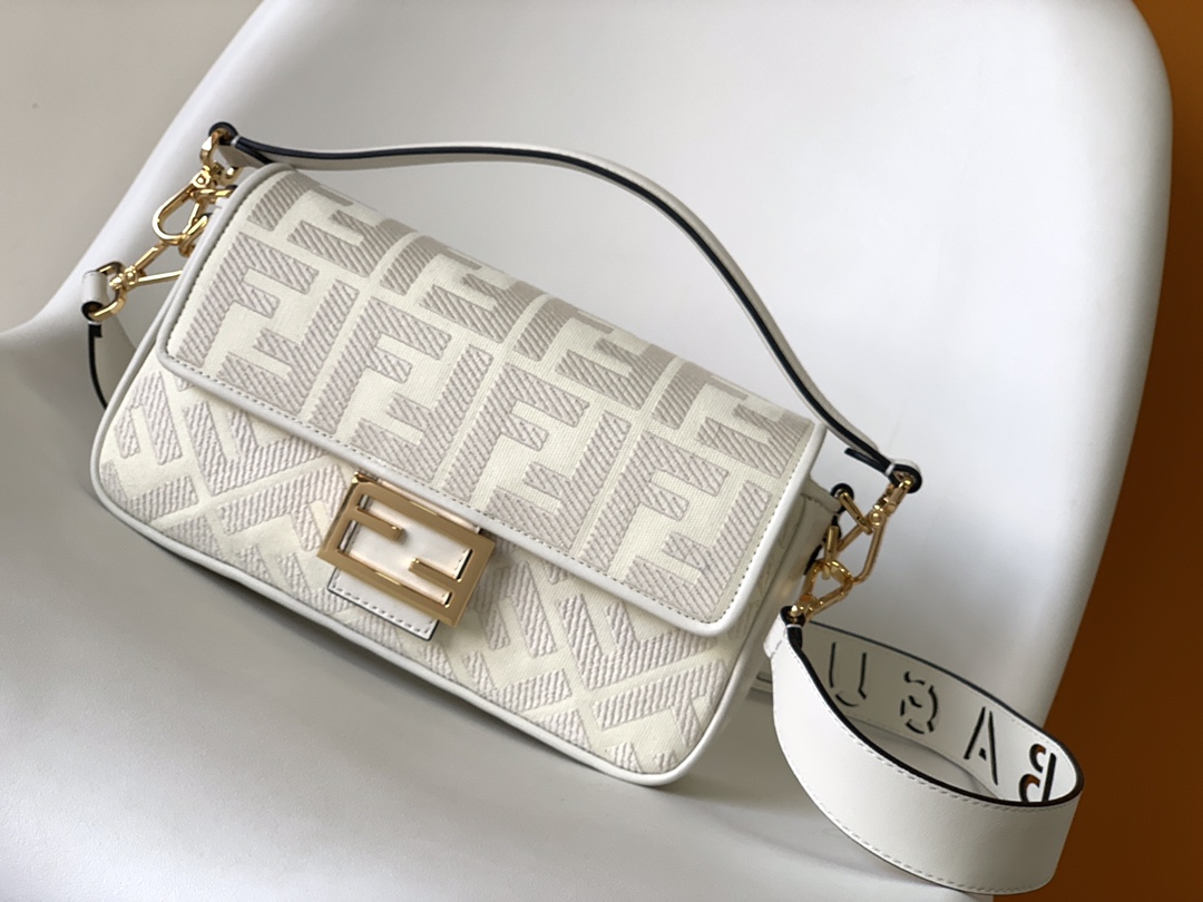 Fendi Medium Baguette FF Canvas Shoulder Bag White